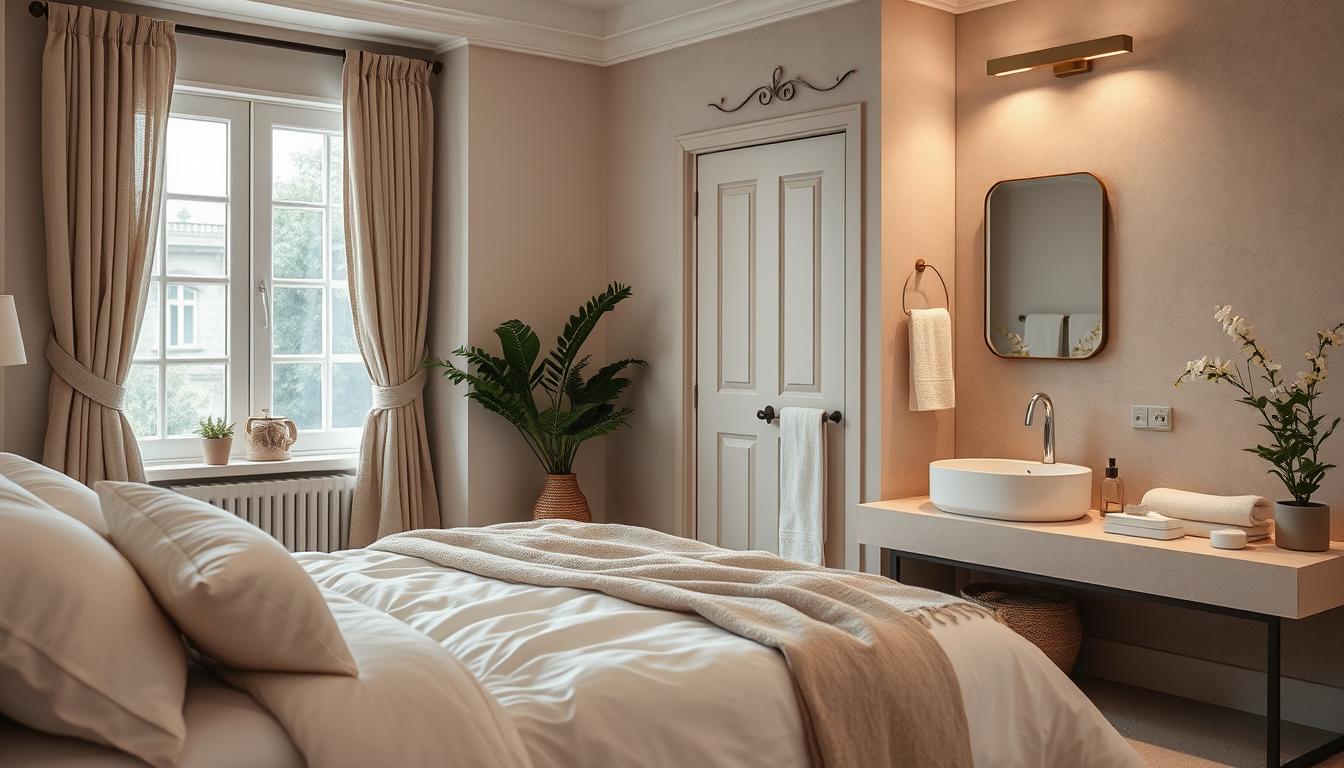 Sypialnia z beżowymi tekstyliami domowymi