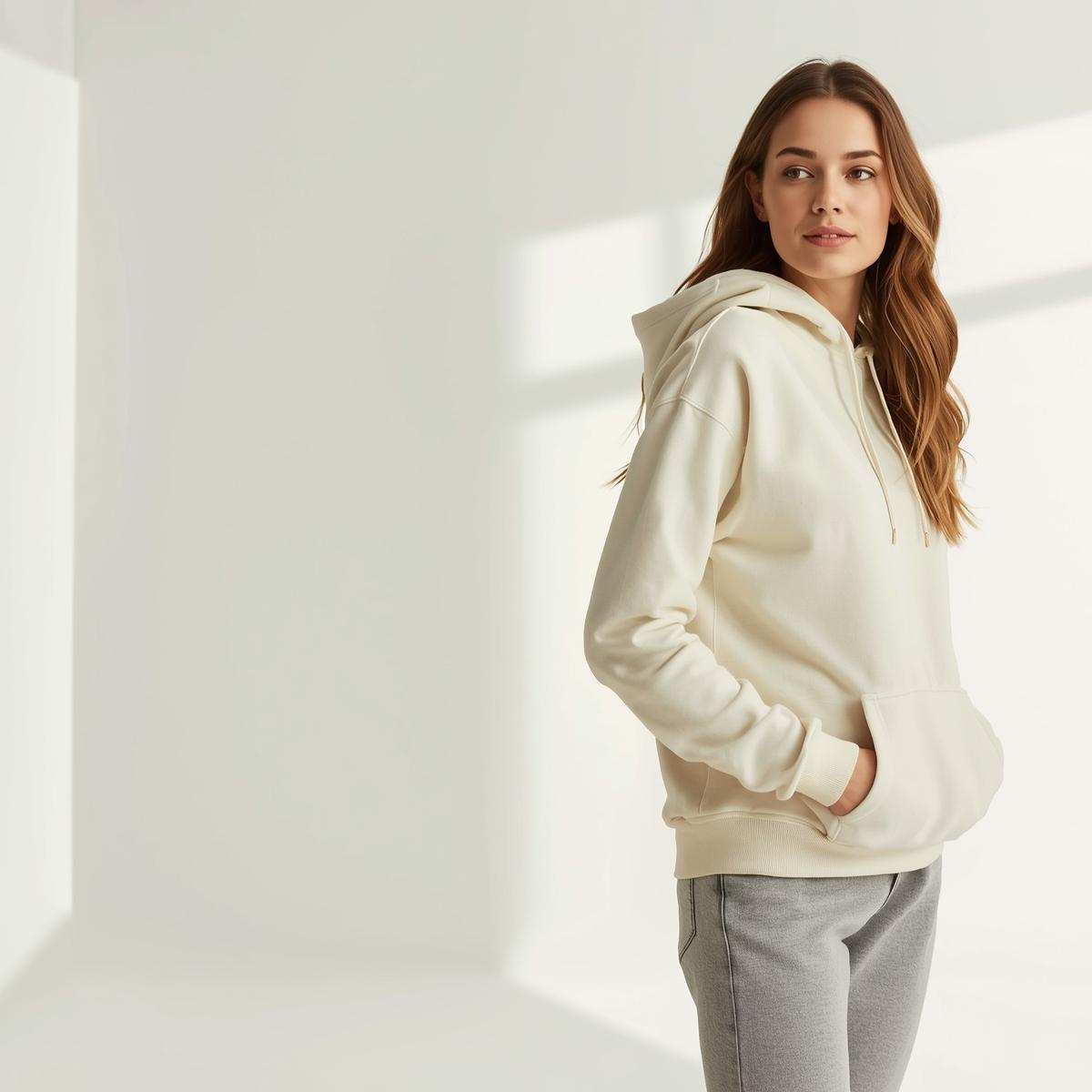 Modelka w gładkiej bluzie damskiej premium na jasnym tle – grafika do artykułu o bluzach damskich