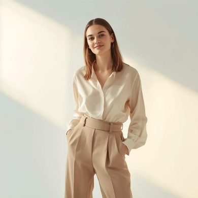 Stylizacja damska smart-casual na jasnym tle – grafika do artykułu o modzie damskiej