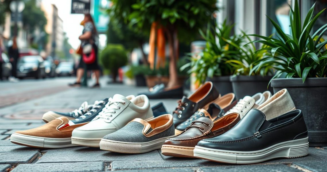 Buty damskie ustawione na chodniku