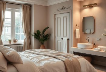 Sypialnia z beżowymi tekstyliami domowymi