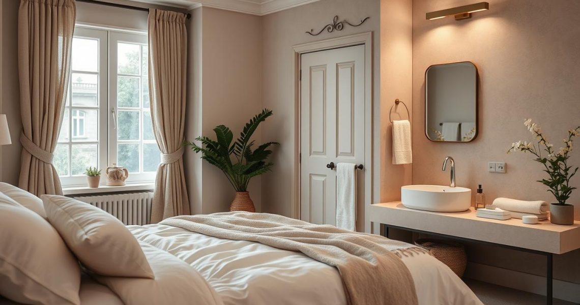 Sypialnia z beżowymi tekstyliami domowymi